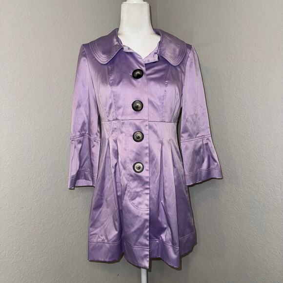 Iz Byer California Lavender Satin Like Button Baby Doll Trench Coat Size Medium - Picture 1 of 9